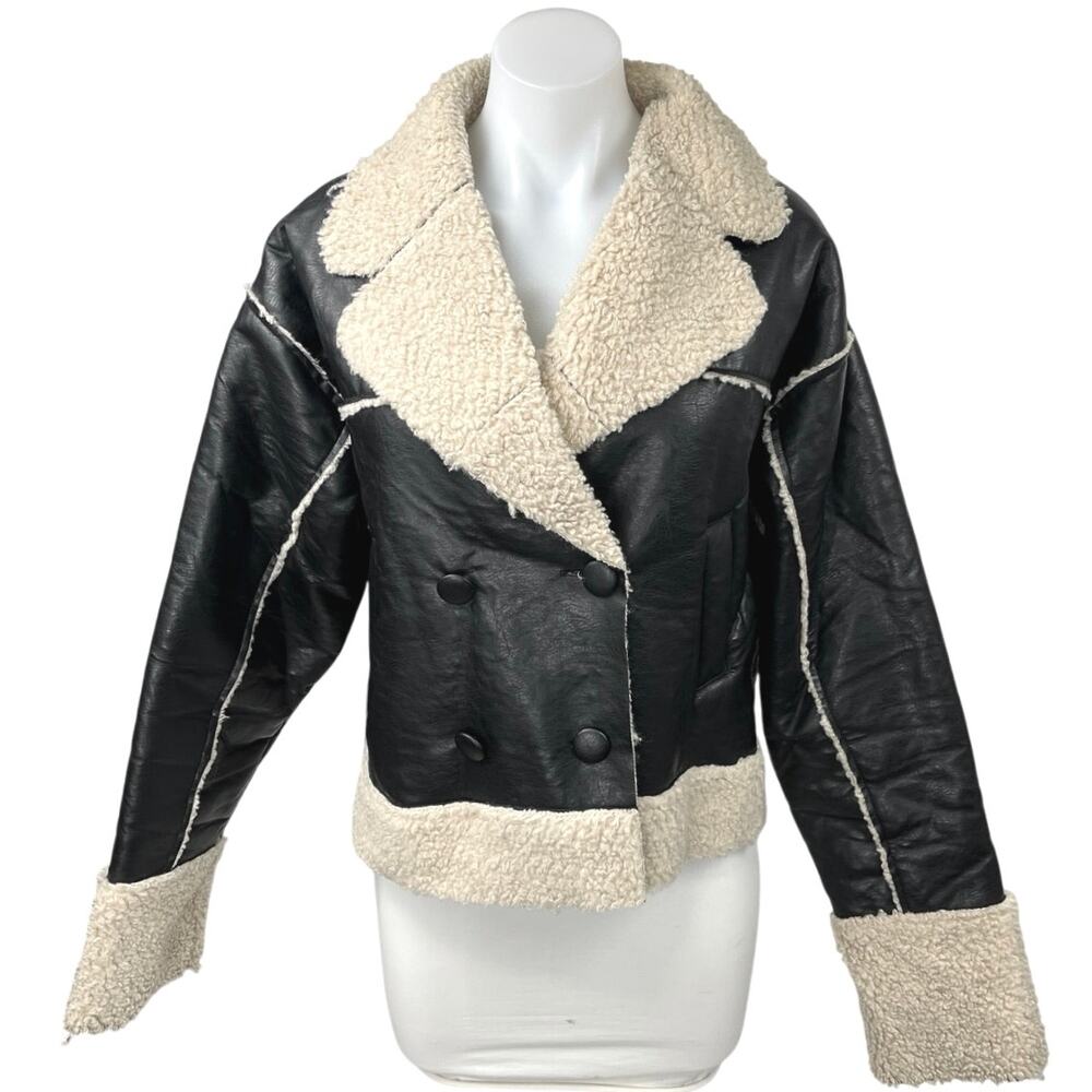 Nasty Gal Black Vegan Faux Leather Fleece Double Breasted Aviator Coat Jacket 4